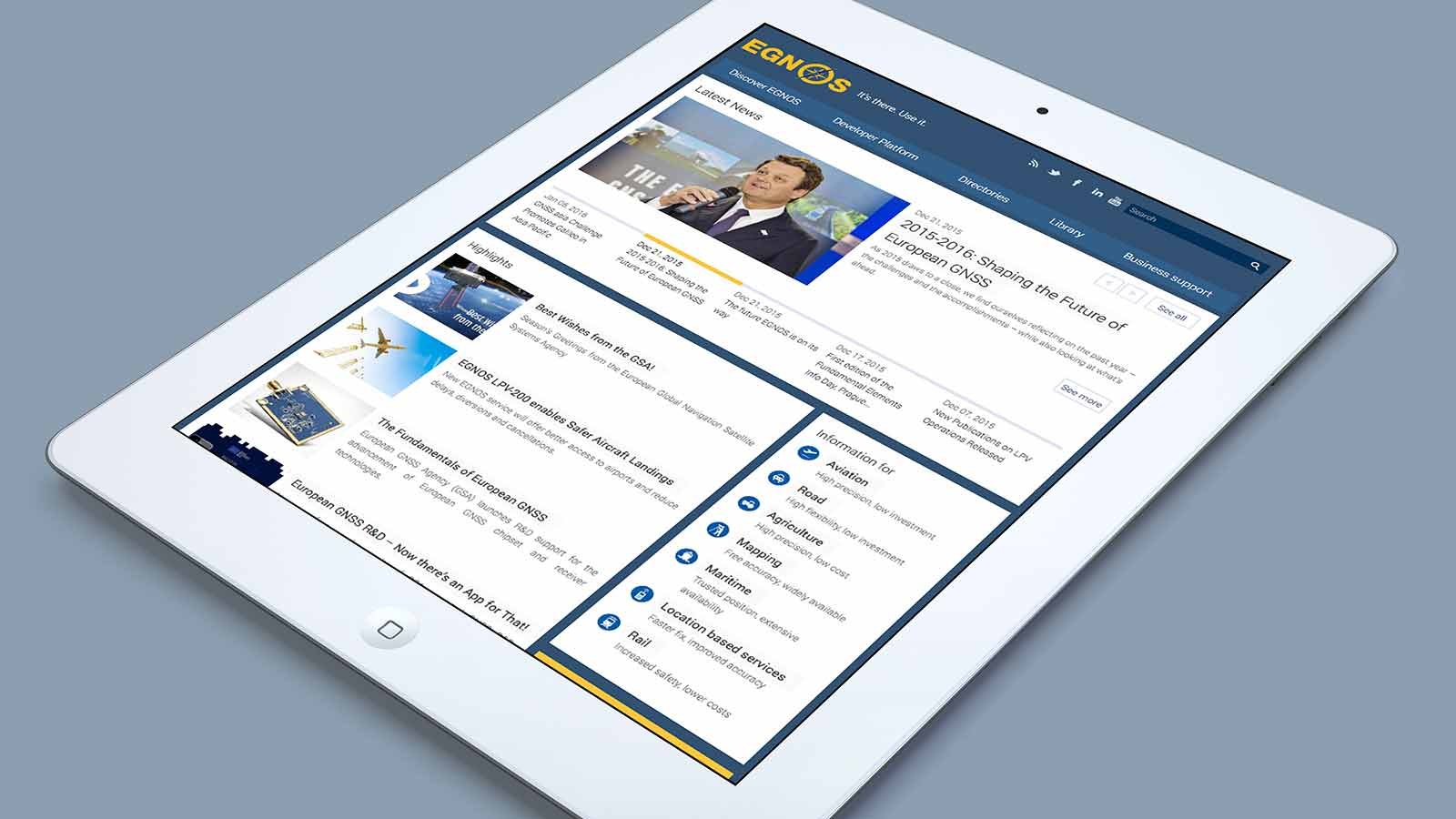 Screenshot of the EGNOS Portal homepage on a tablet