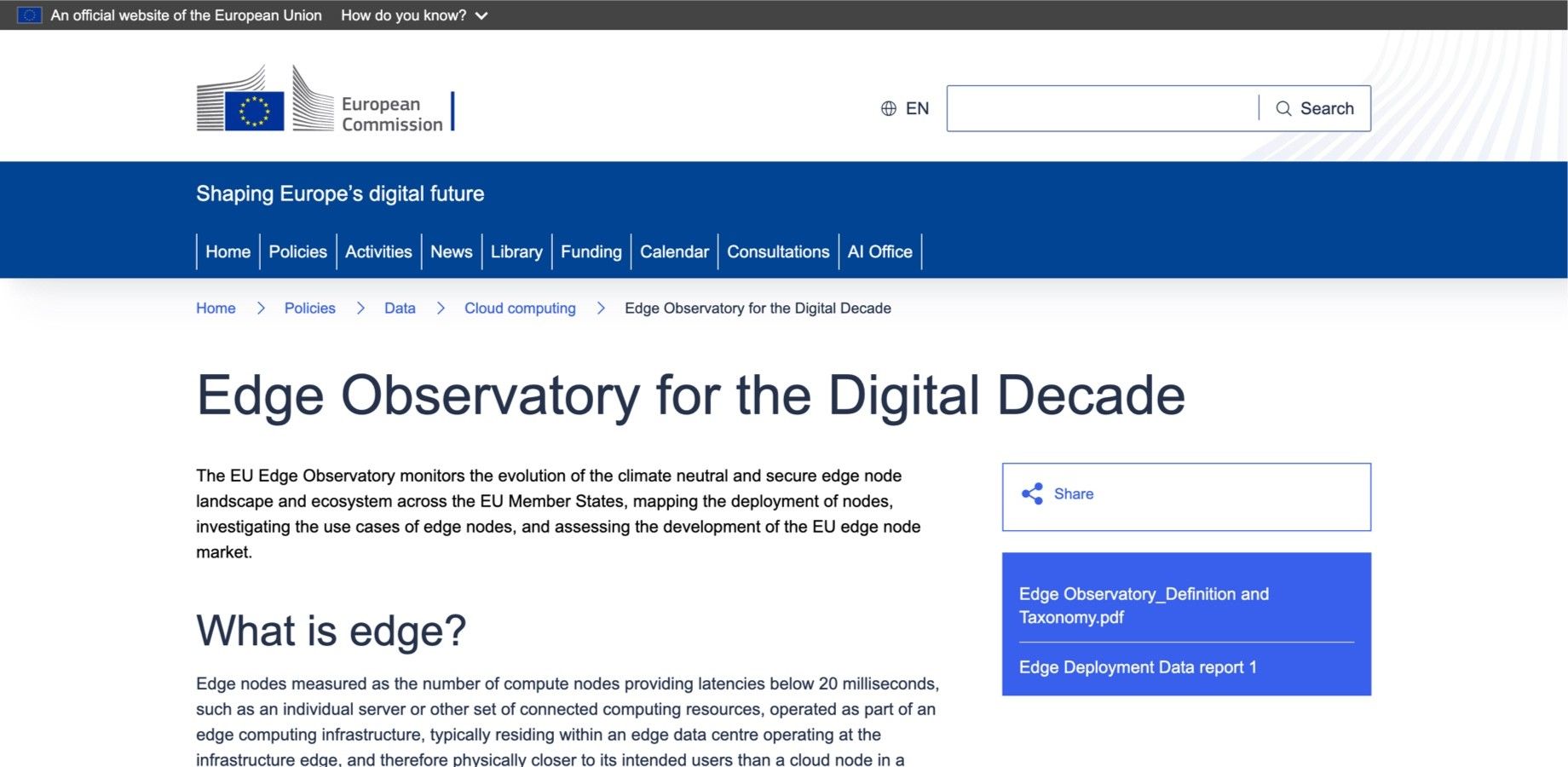 Screenshot of the Edge Observatory homepage