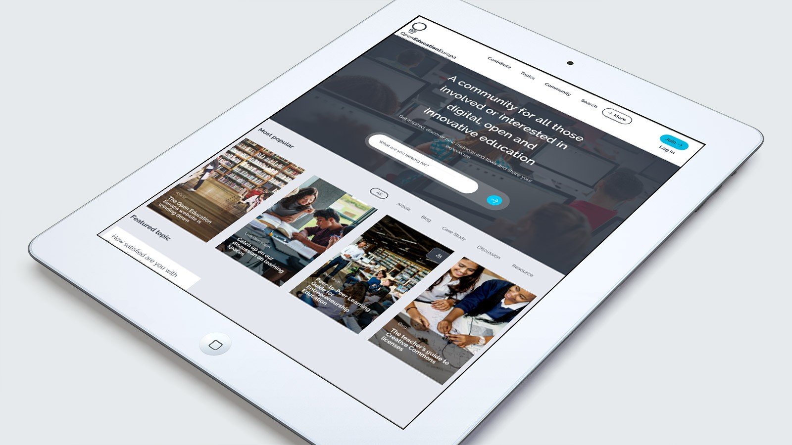 Screenshot of the Open Education Europa homepage on a tablet