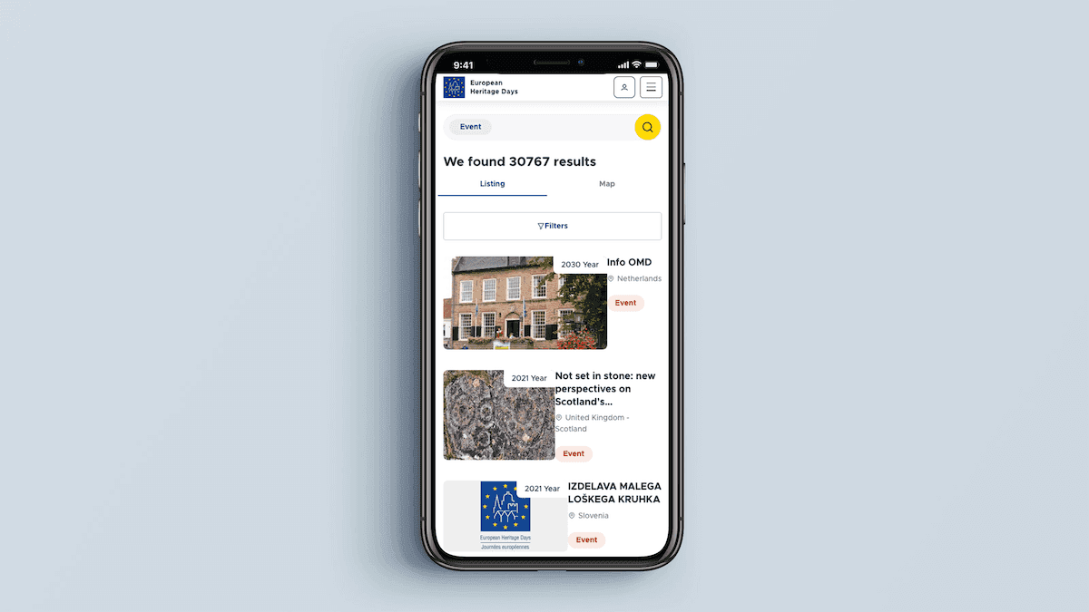 Screenshot of the European Heritage Days homepage on a mobile phone