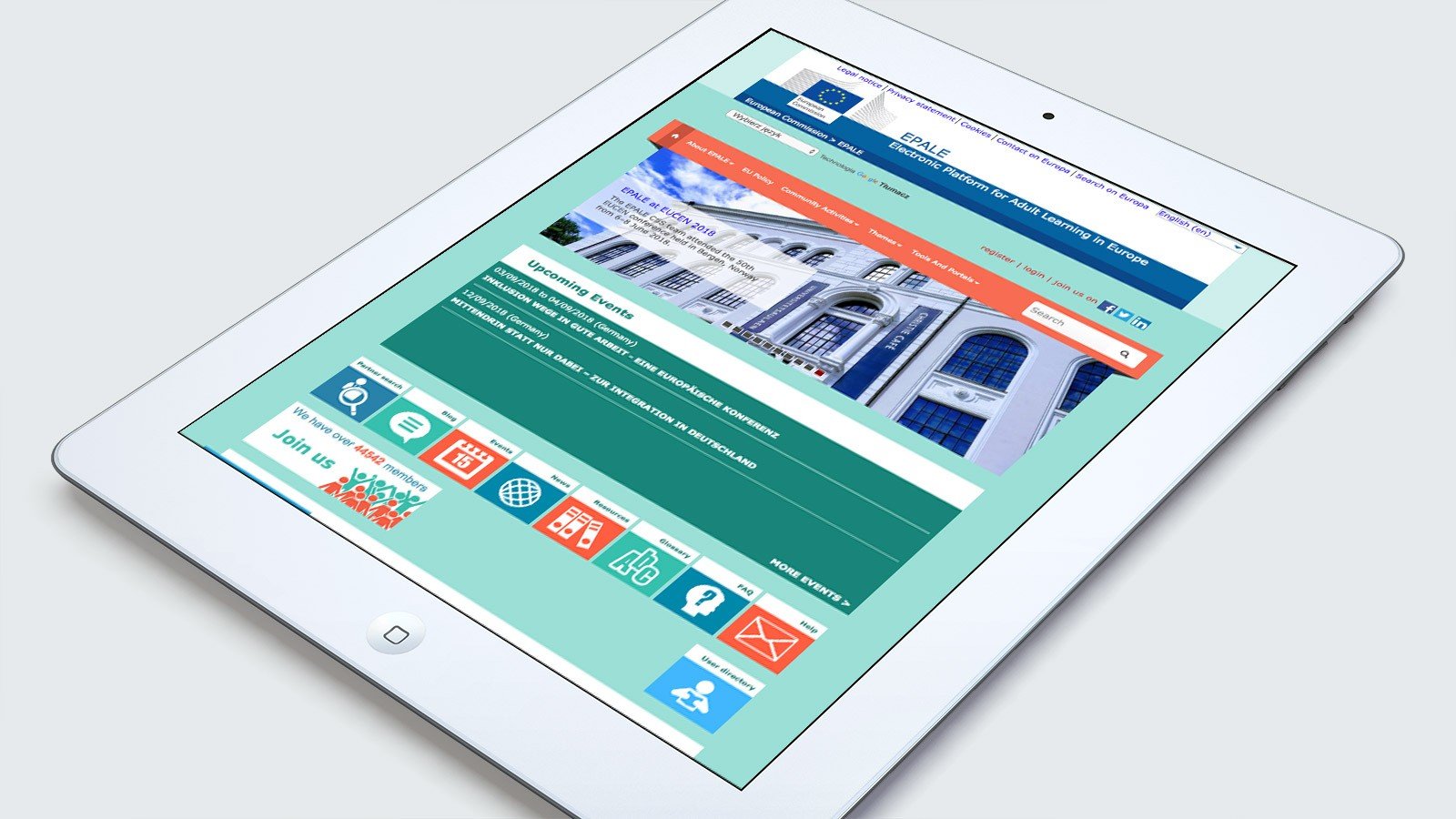 Screenshot of the EPALE homepage on a tablet