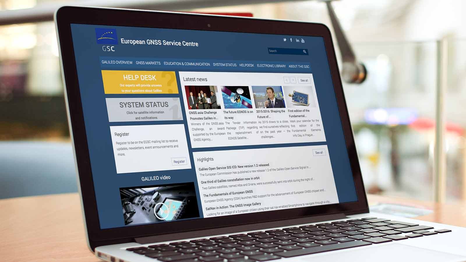 Screenshot of the European GNSS Service Center homepage on a laptop