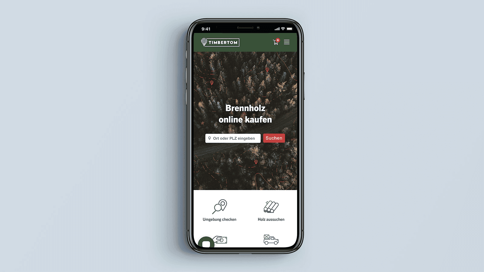 Screenshot of the TimberTom homepage on a mobile phone