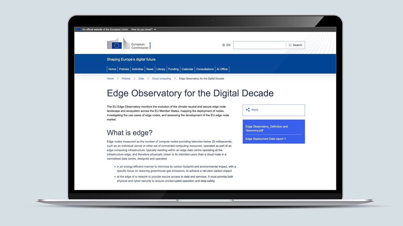 Screenshot of the Edge Observatory homepage on a laptop