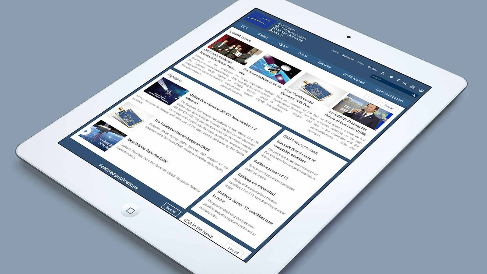 Screenshot of the GNSS Agency homepage on a tablet