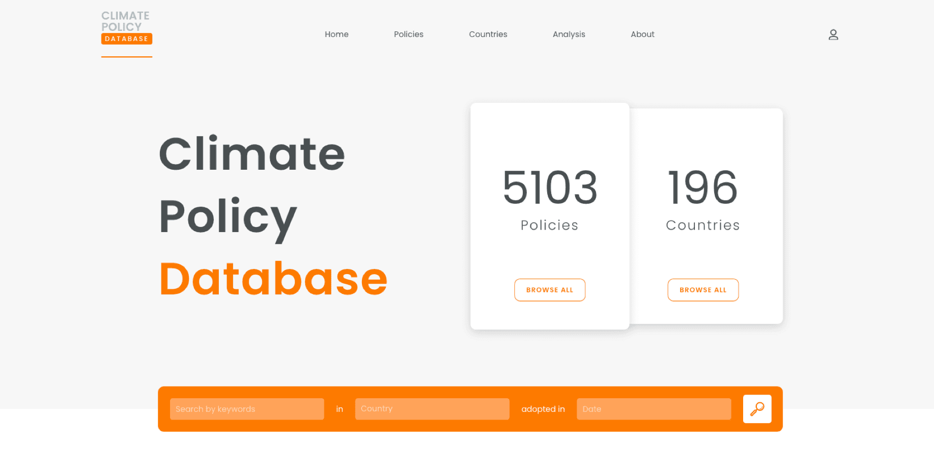 Screenshot of the Climate Policy Database homepage