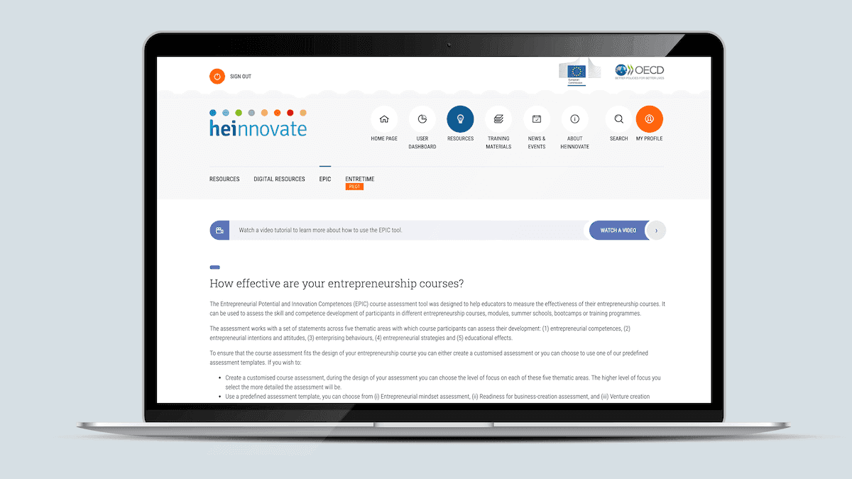 Screenshot of the Entrepreneurial Potential and Innovation Competences homepage on a laptop
