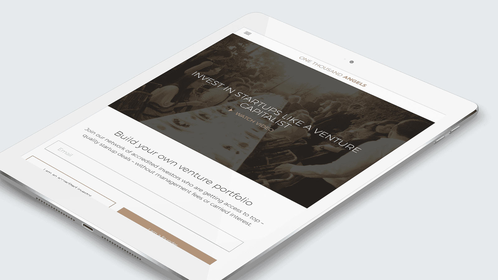 Screenshot of the 1000 Angels homepage on a tablet