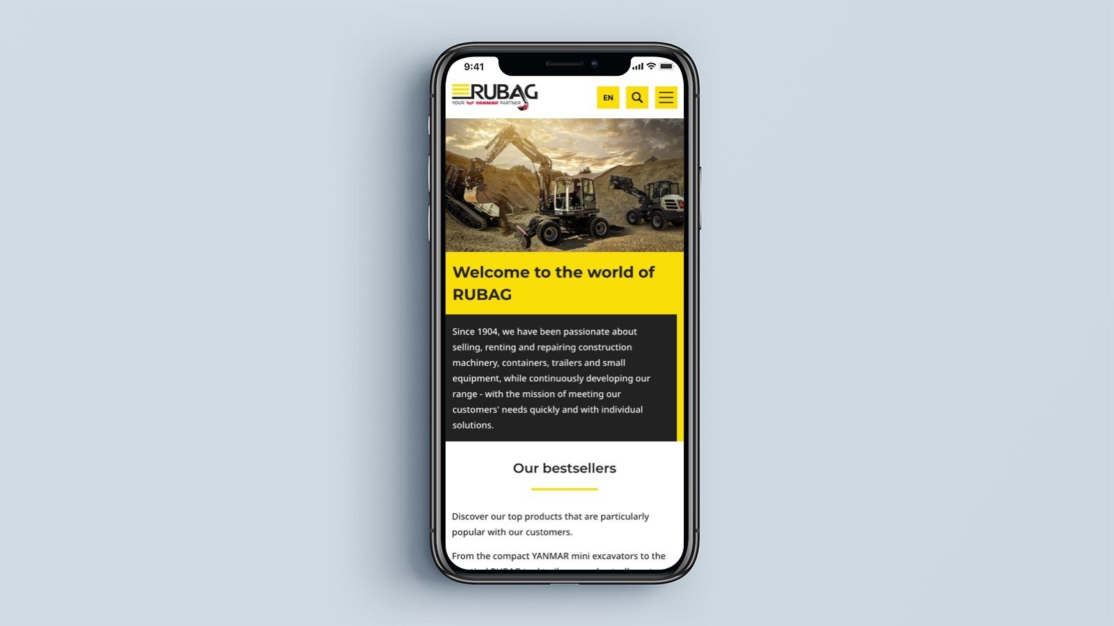 Screenshot of the RUBAG homepage on a mobile phone