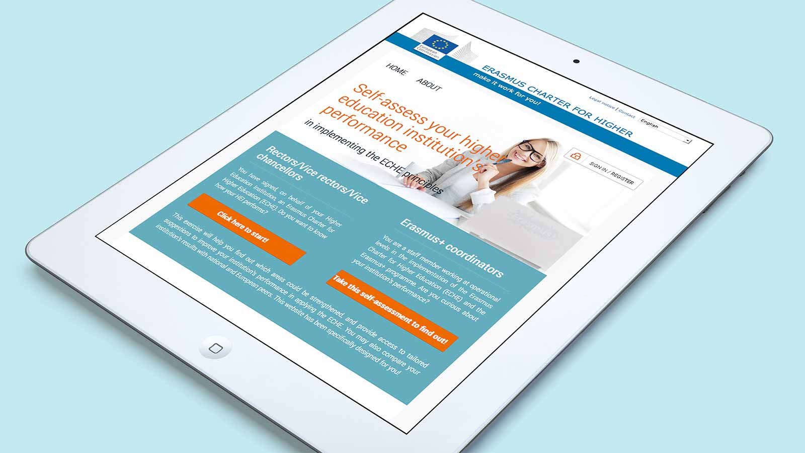 Screenshot of the Erasmus Charter For Higher Education homepage on a tablet