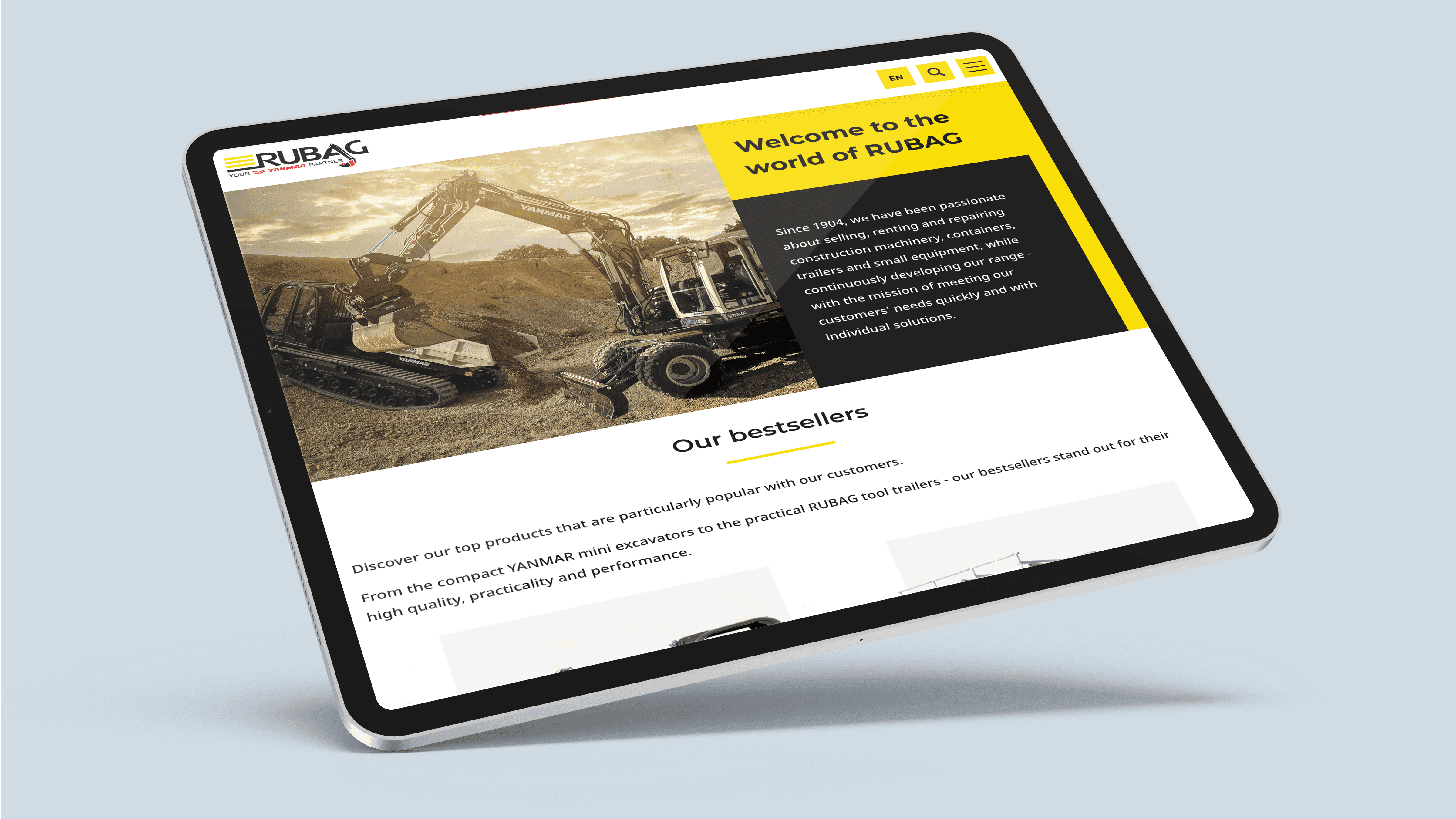 Screenshot of the RUBAG homepage on a tablet
