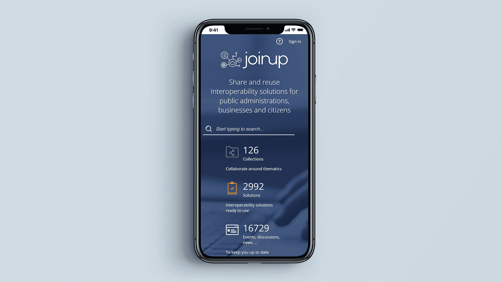 Screenshot of the Joinup homepage on a mobile phone