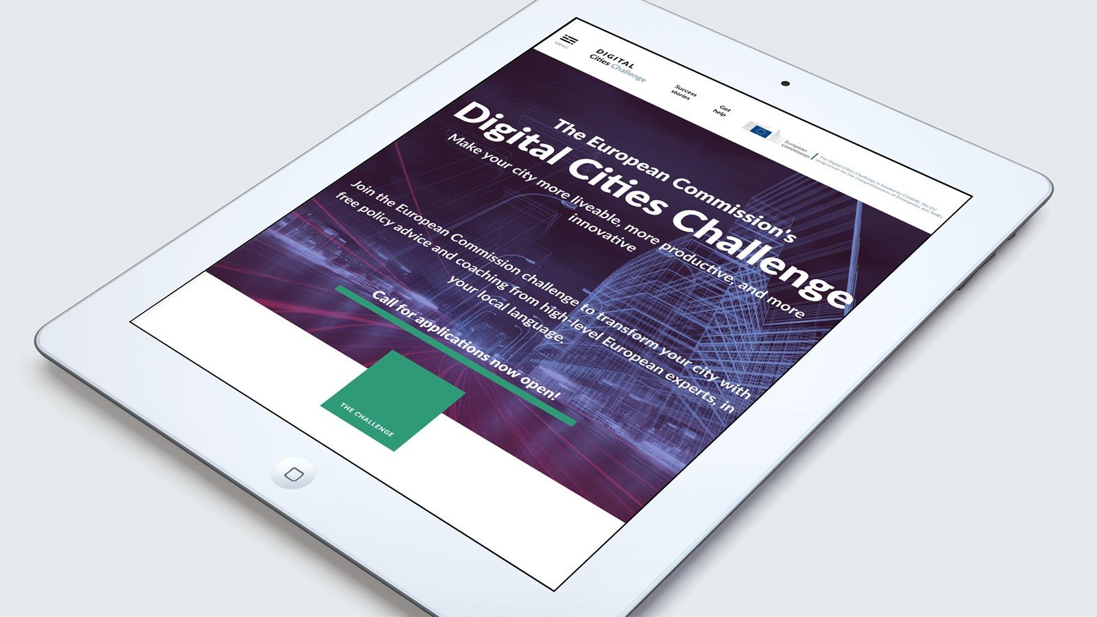 Screenshot of the Digital Cities Challenge homepage on a tablet