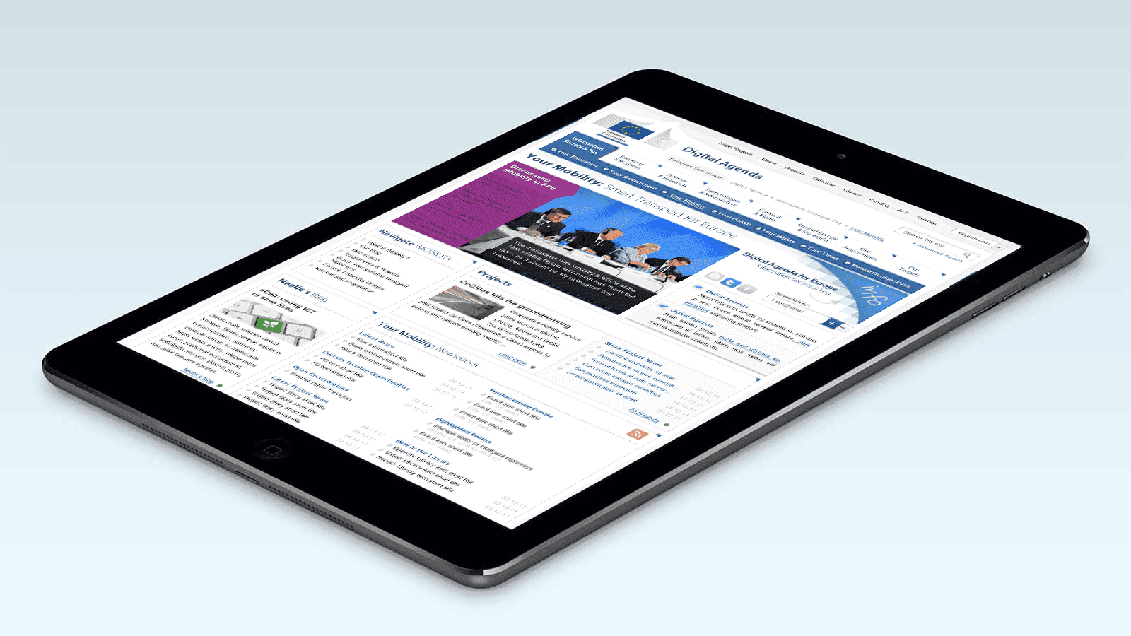 Screenshot of the Digital Agenda for Europe homepage on a tablet