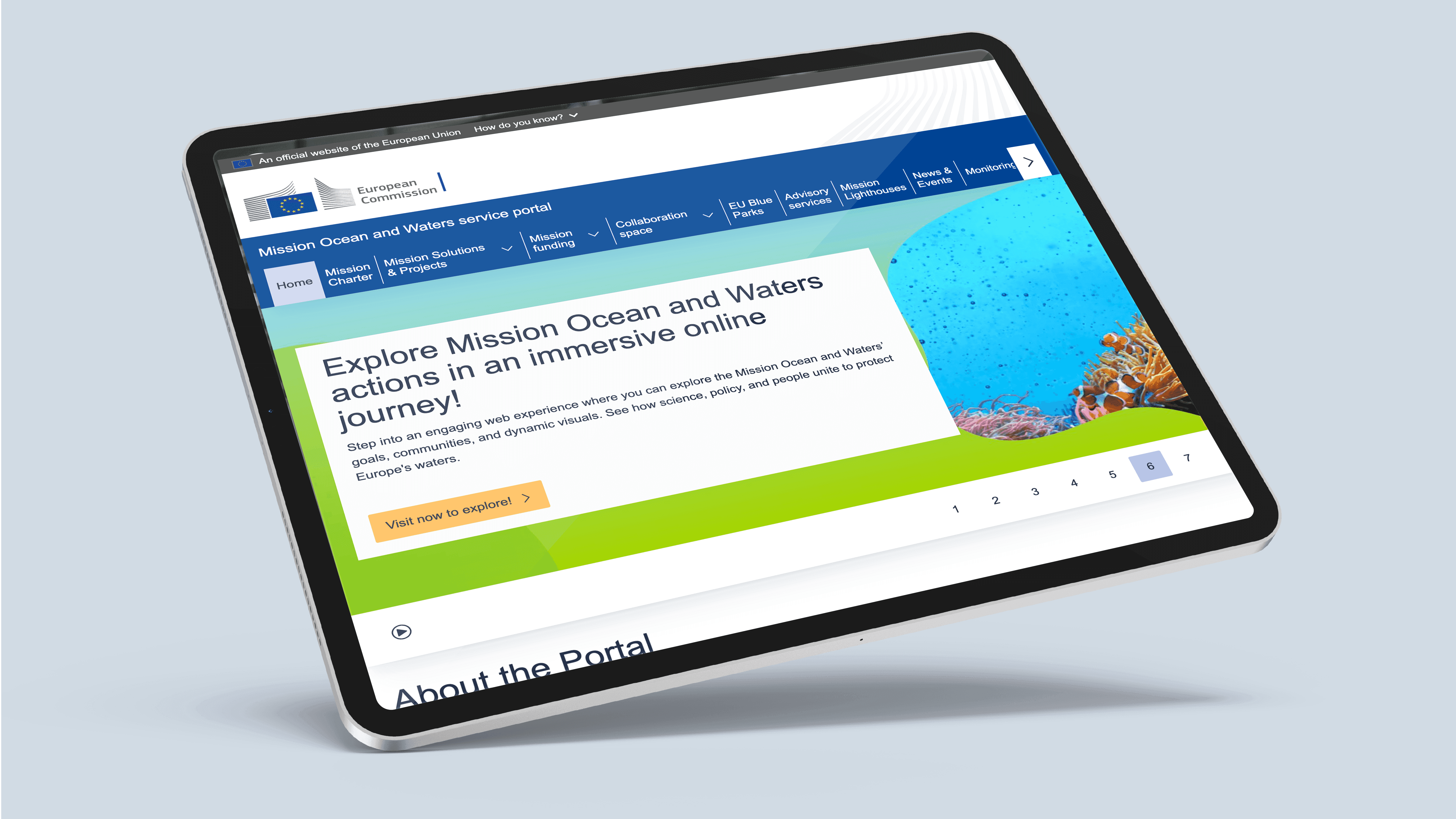 Screenshot of the Mission Ocean and Waters homepage on a tablet