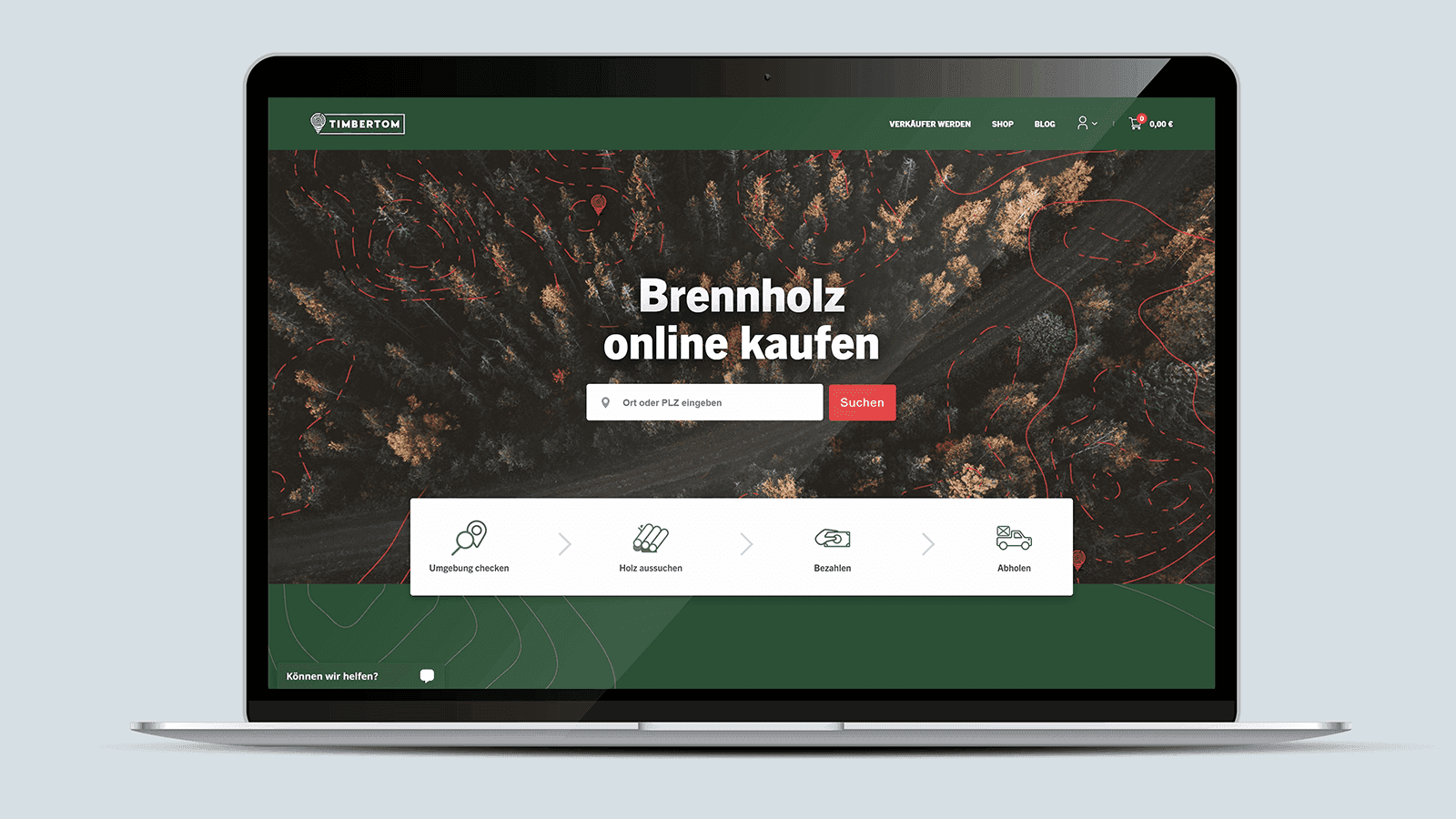 Screenshot of the TimberTom homepage on a laptop