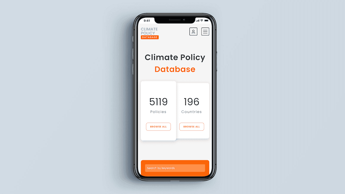 Screenshot of the Climate Policy Database homepage on a mobile phone