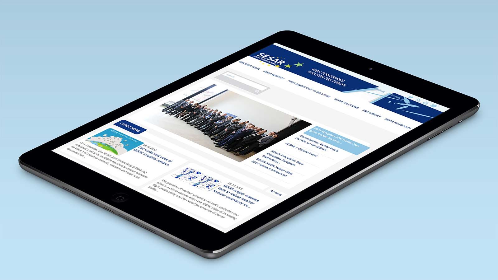 Screenshot of the SESAR Joint Undertaking homepage on a tablet