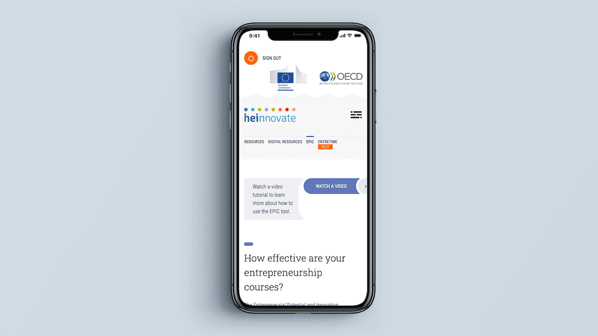 Screenshot of the Entrepreneurial Potential and Innovation Competences homepage on a mobile phone