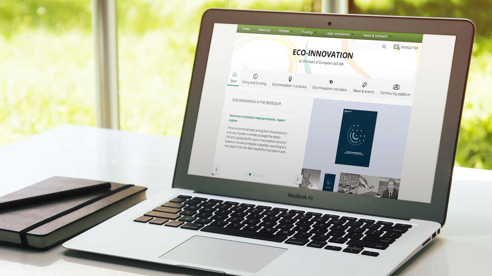 Screenshot of the Eco-Innovation Action Plan homepage on a laptop