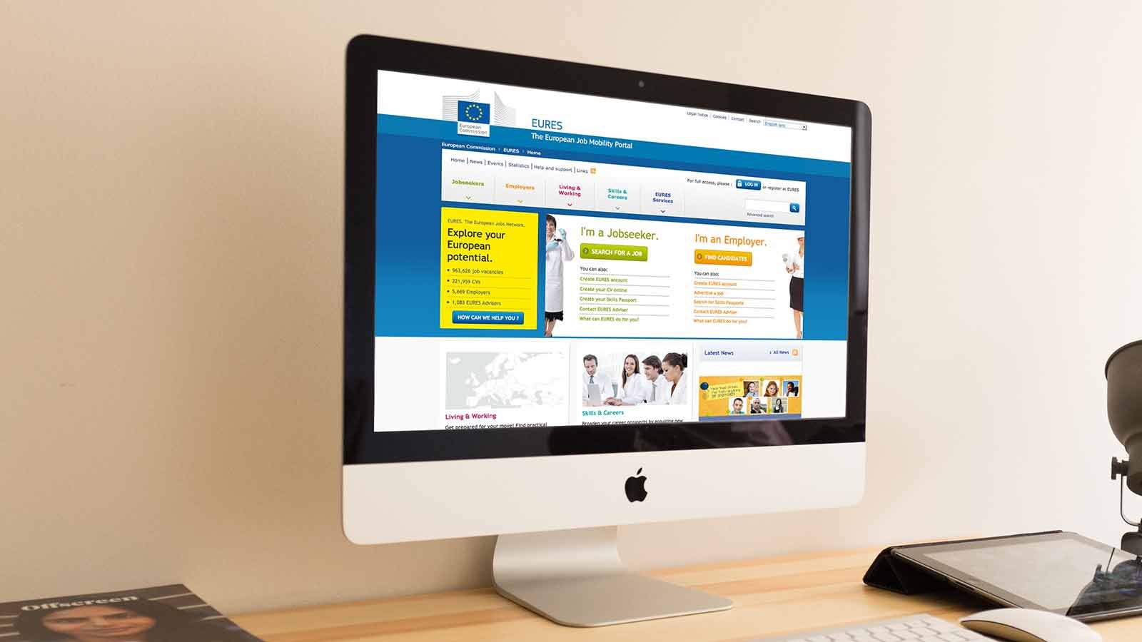 Screenshot of the EURES homepage on a laptop