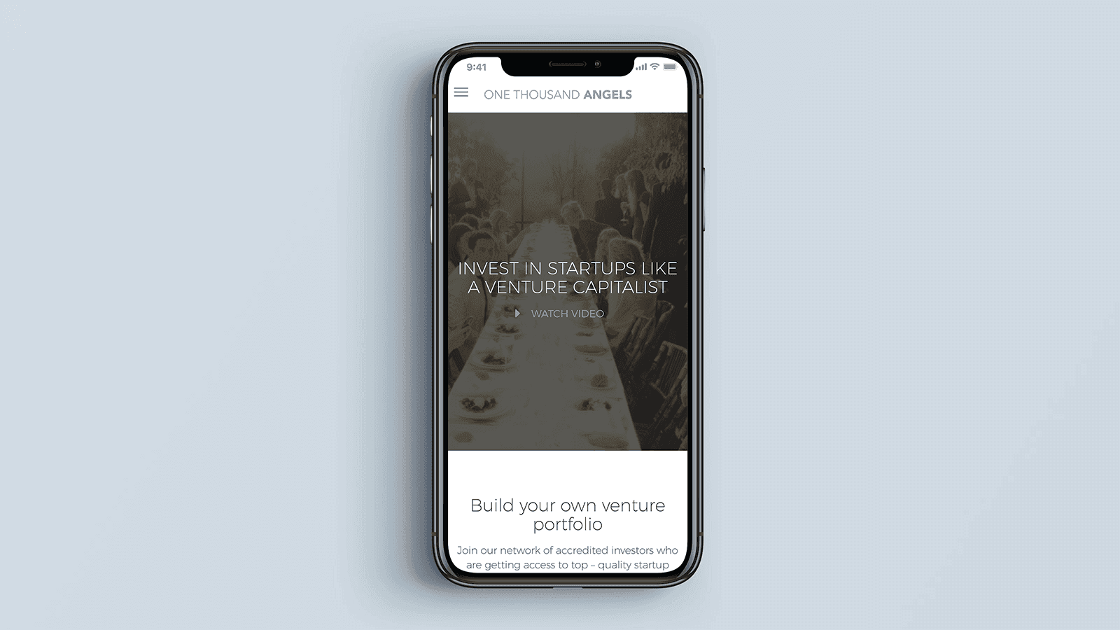 Screenshot of the 1000 Angels homepage on a mobile phone