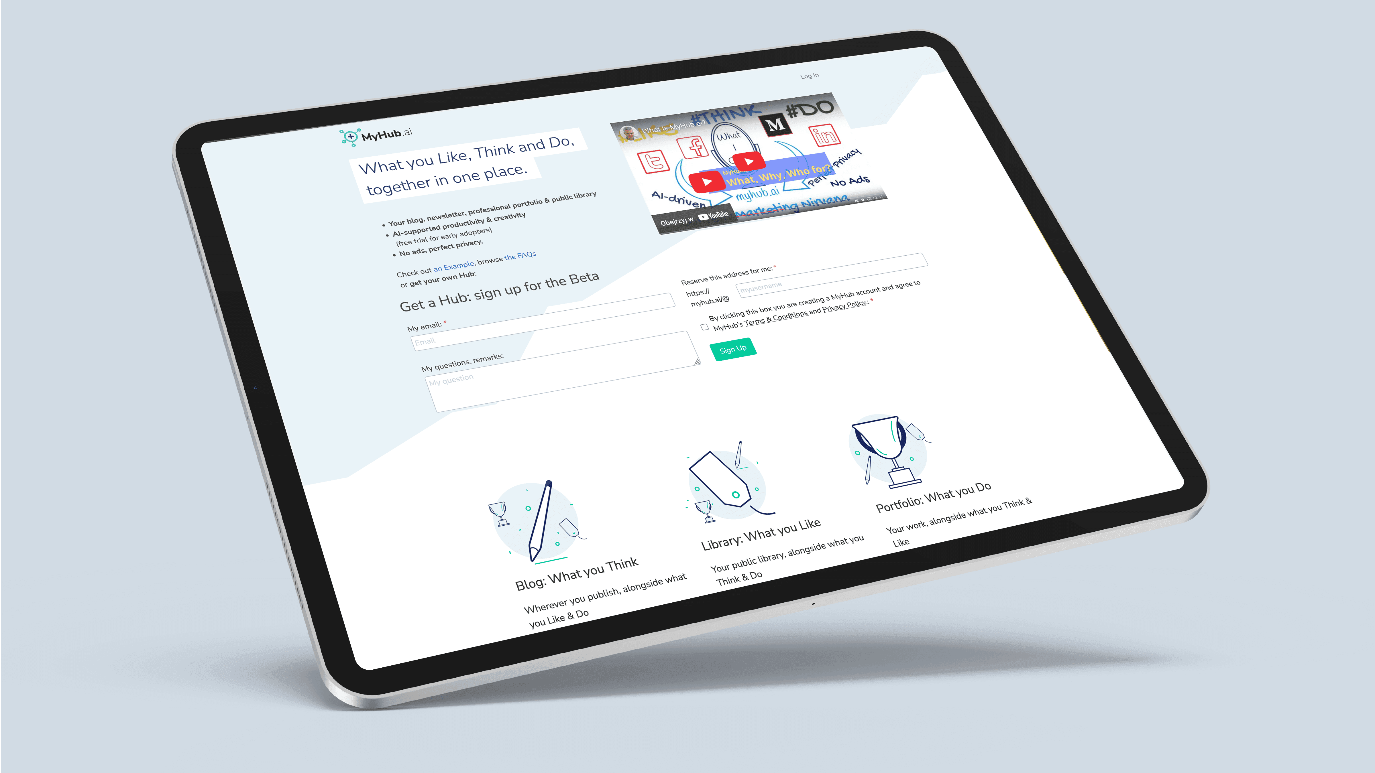 Screenshot of the myHub.ai homepage on a tablet