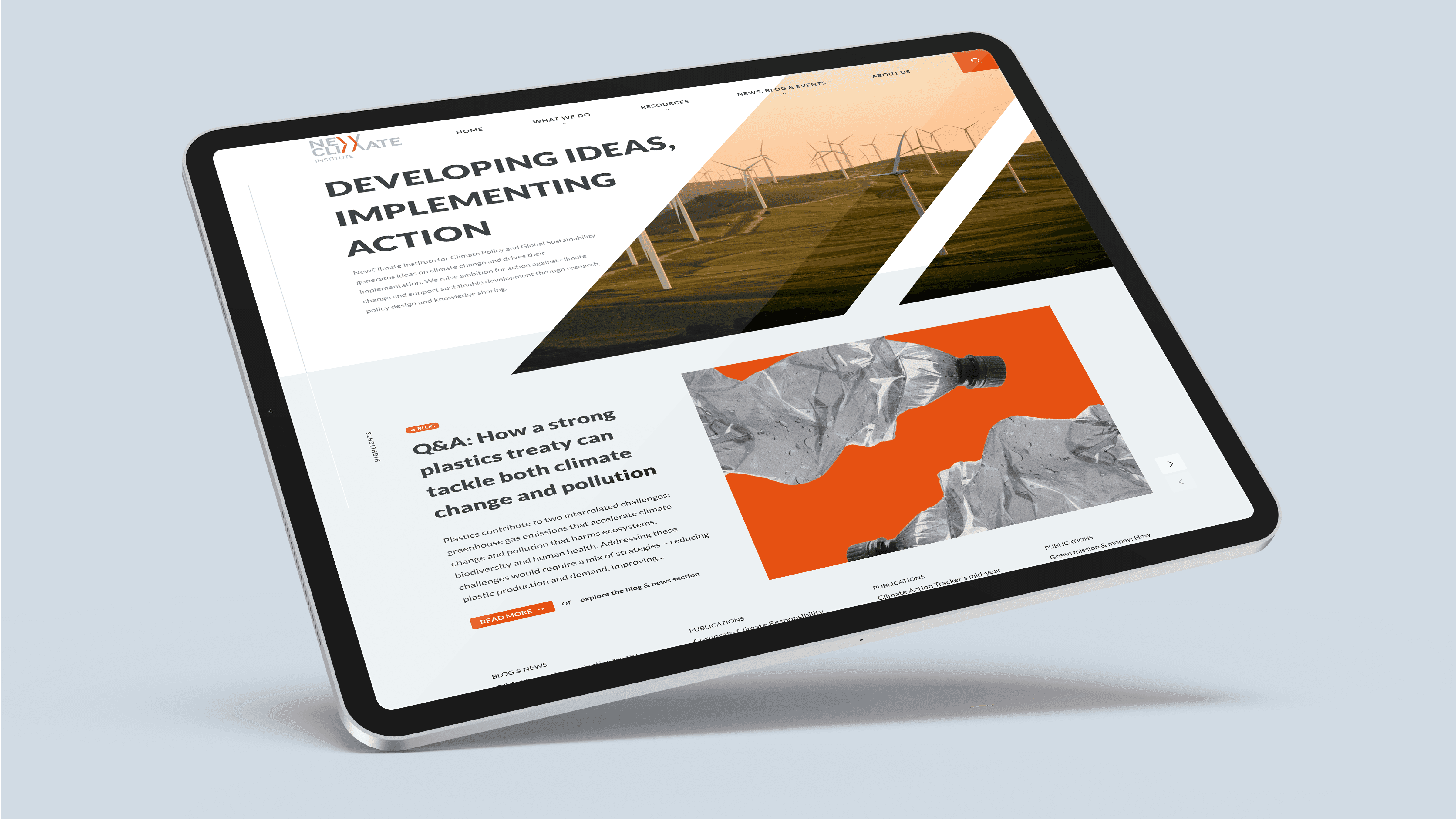 Screenshot of the NewClimate Institute homepage on a tablet