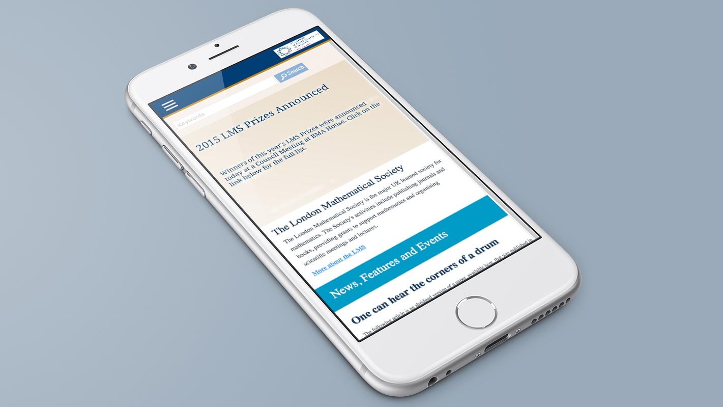 Screenshot of the London Mathematical Society homepage on a mobile phone