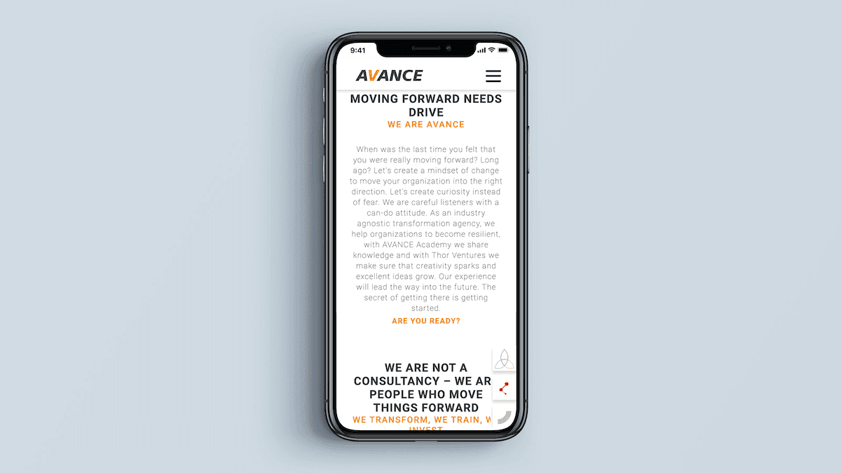 Screenshot of the Avance homepage on a mobile phone