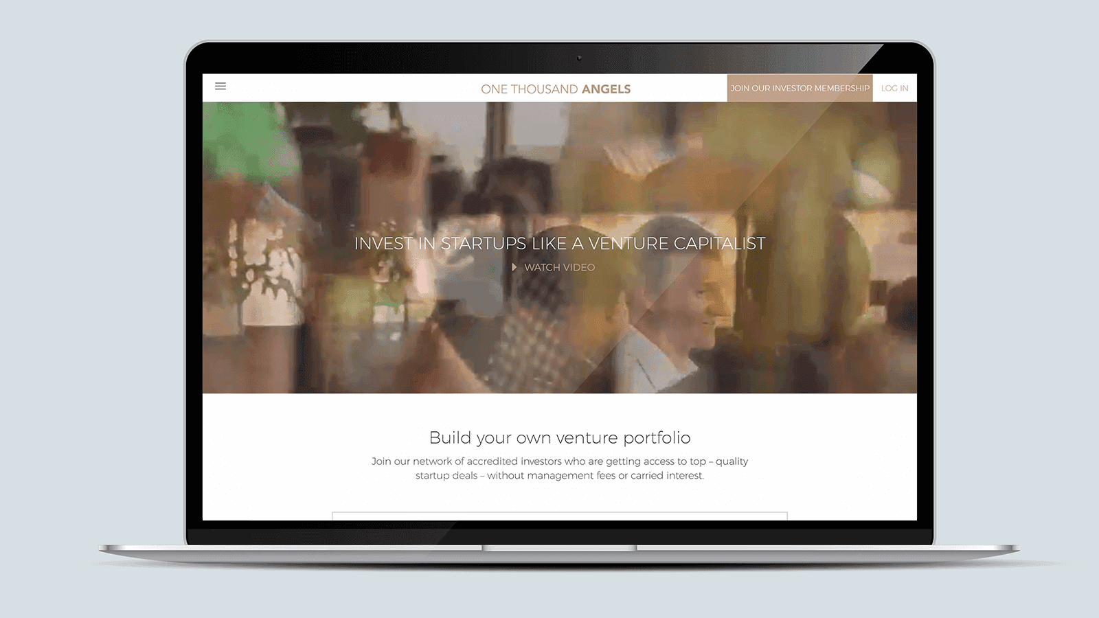 Screenshot of the 1000 Angels homepage on a laptop