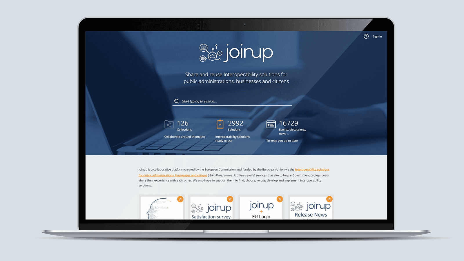 Screenshot of the Joinup homepage on a laptop