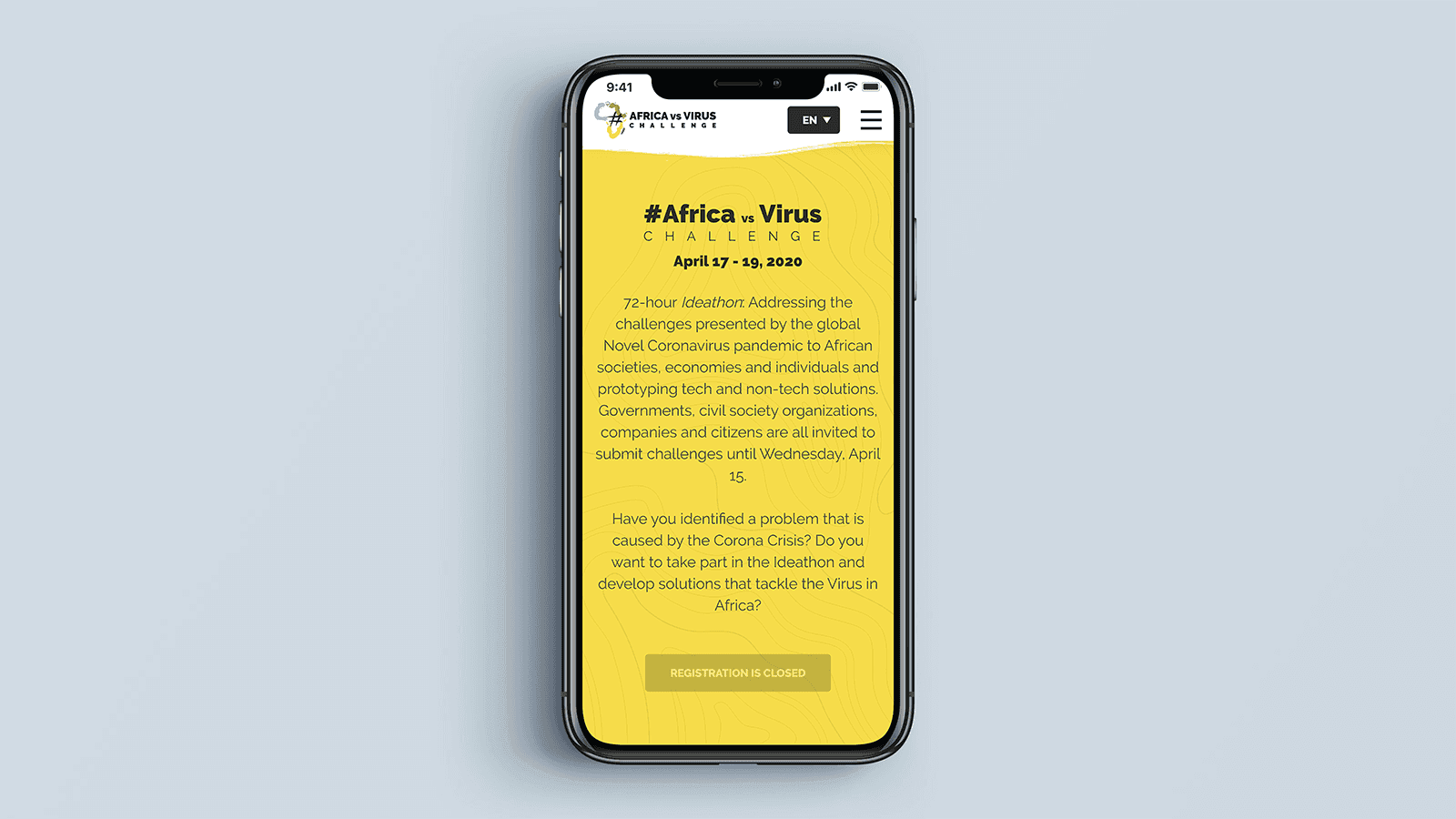 Screenshot of the AfricaVsVirus Challenge homepage on a mobile phone