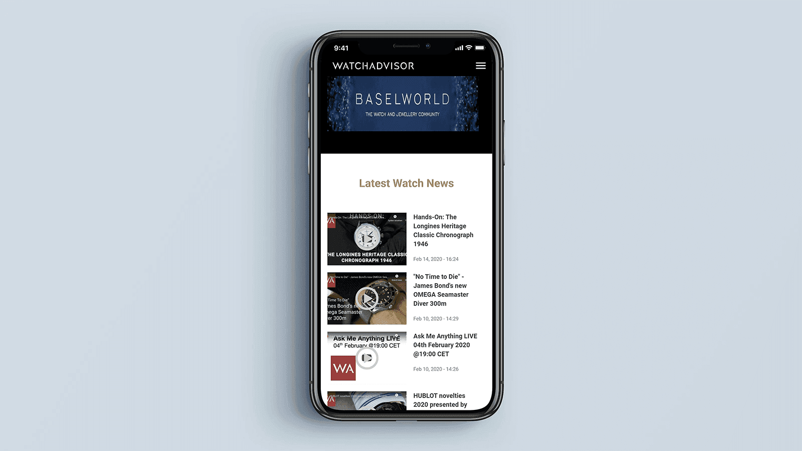 Screenshot of the Watchadvisor homepage on a mobile phone