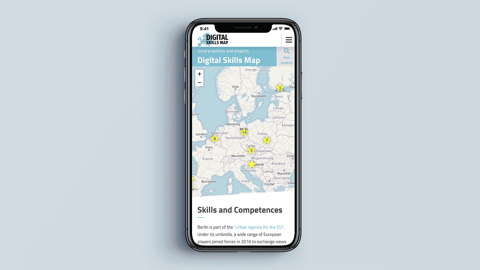 Screenshot of the Digital Skills Map homepage on a mobile phone