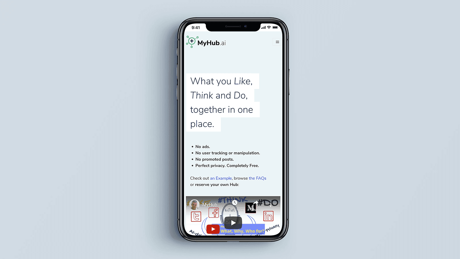 Screenshot of the MyHub.AI homepage on a mobile phone