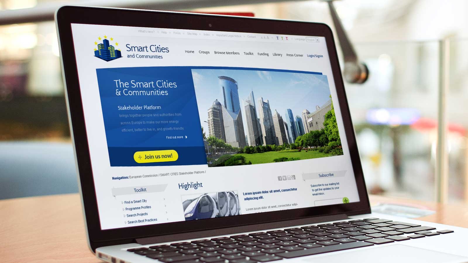 Screenshot of the EU Smart-Cities homepage on a tablet