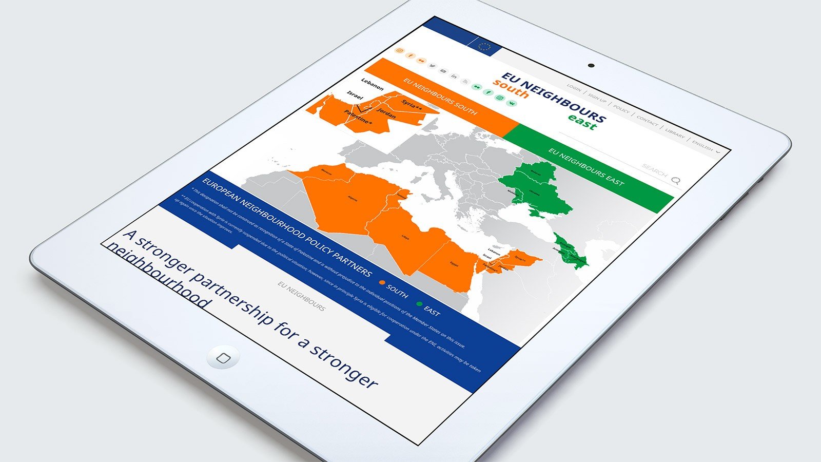 Screenshot of the EU Neighbours homepage on a tablet