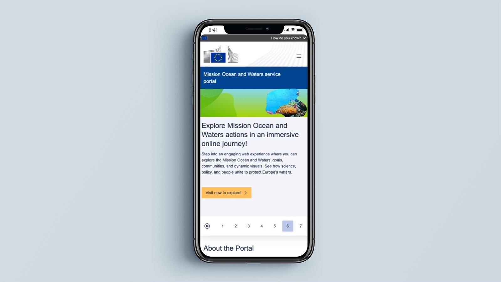 Screenshot of the Mission Ocean and Waters homepage on a mobile phone