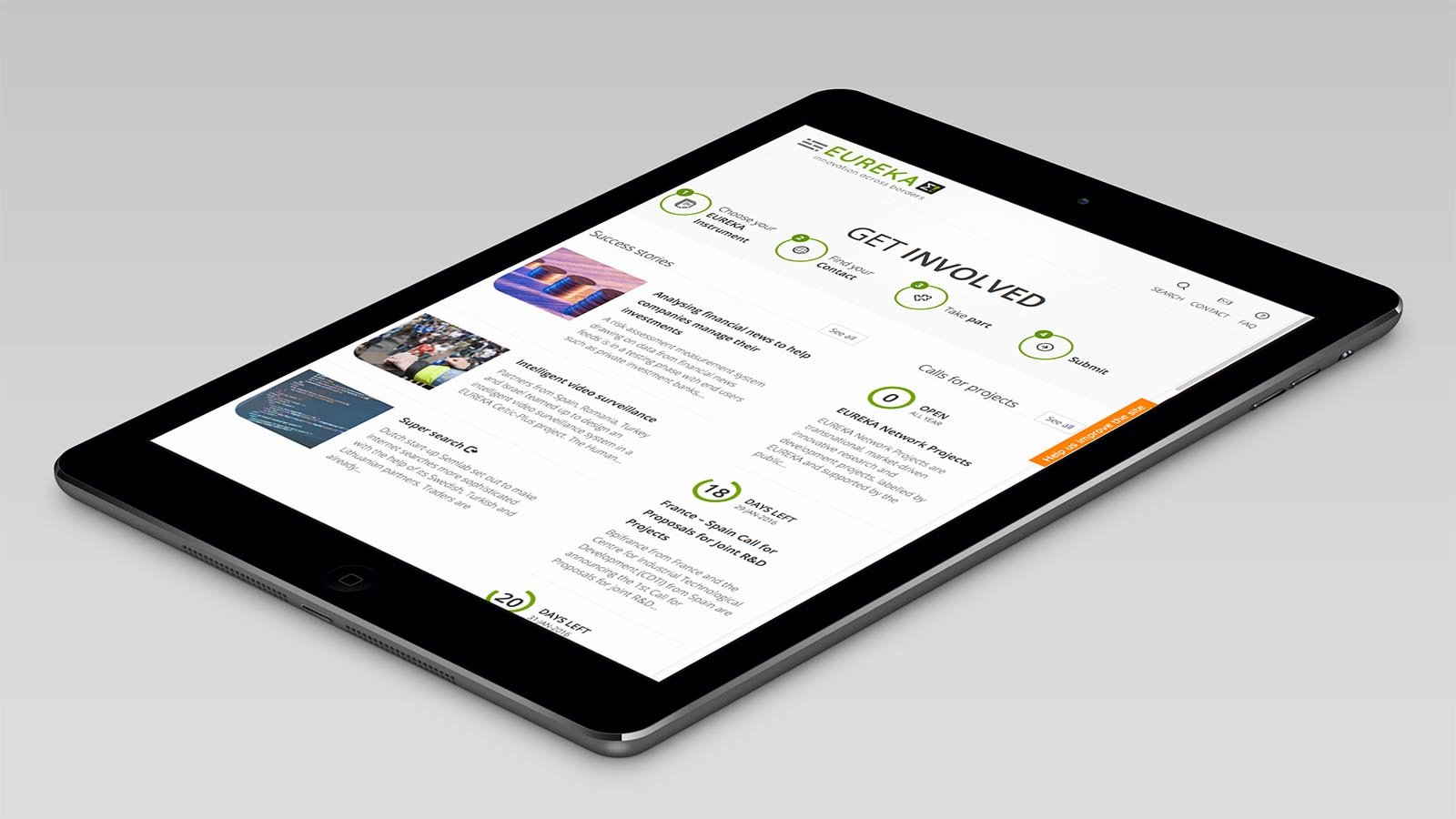 Screenshot of the EUREKA Network homepage on a tablet