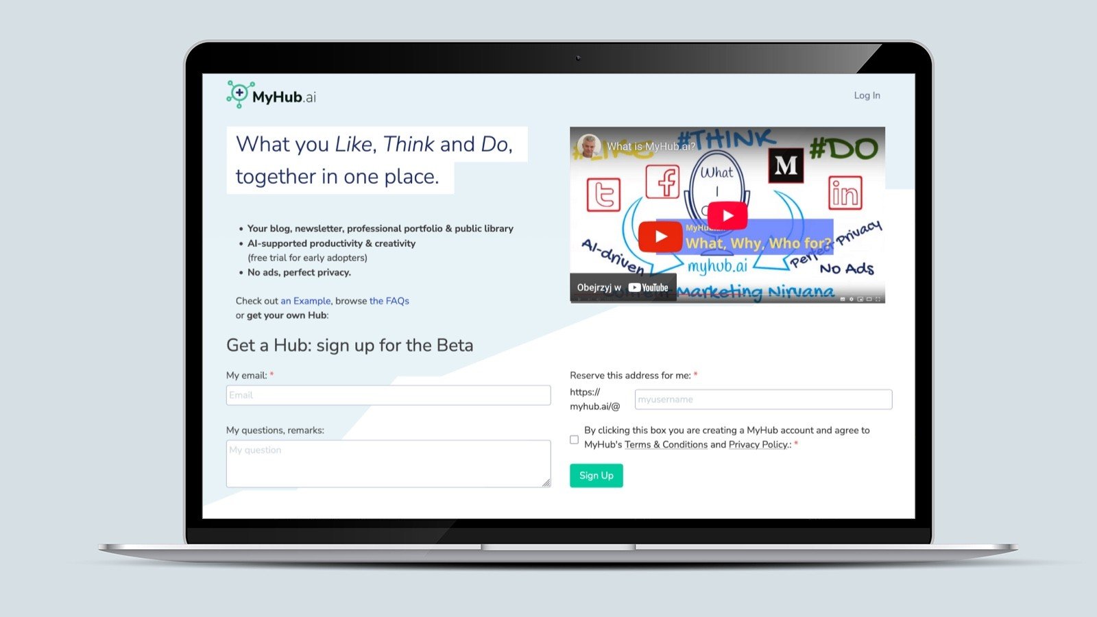 Screenshot of the myHub.ai homepage on a laptop