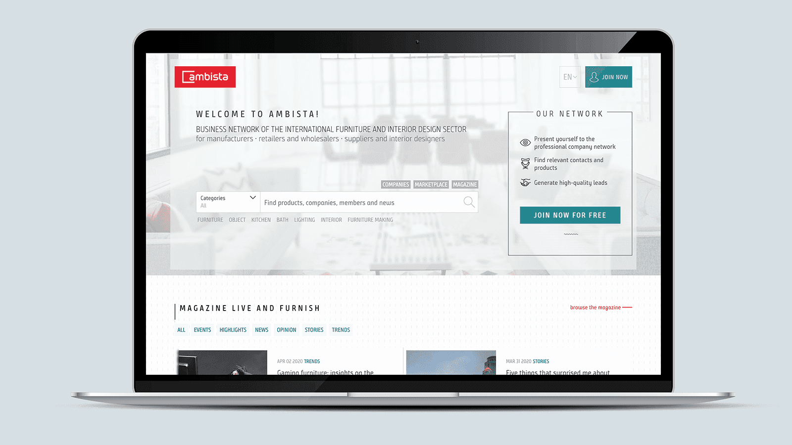 Screenshot of the Ambista homepage on a laptop