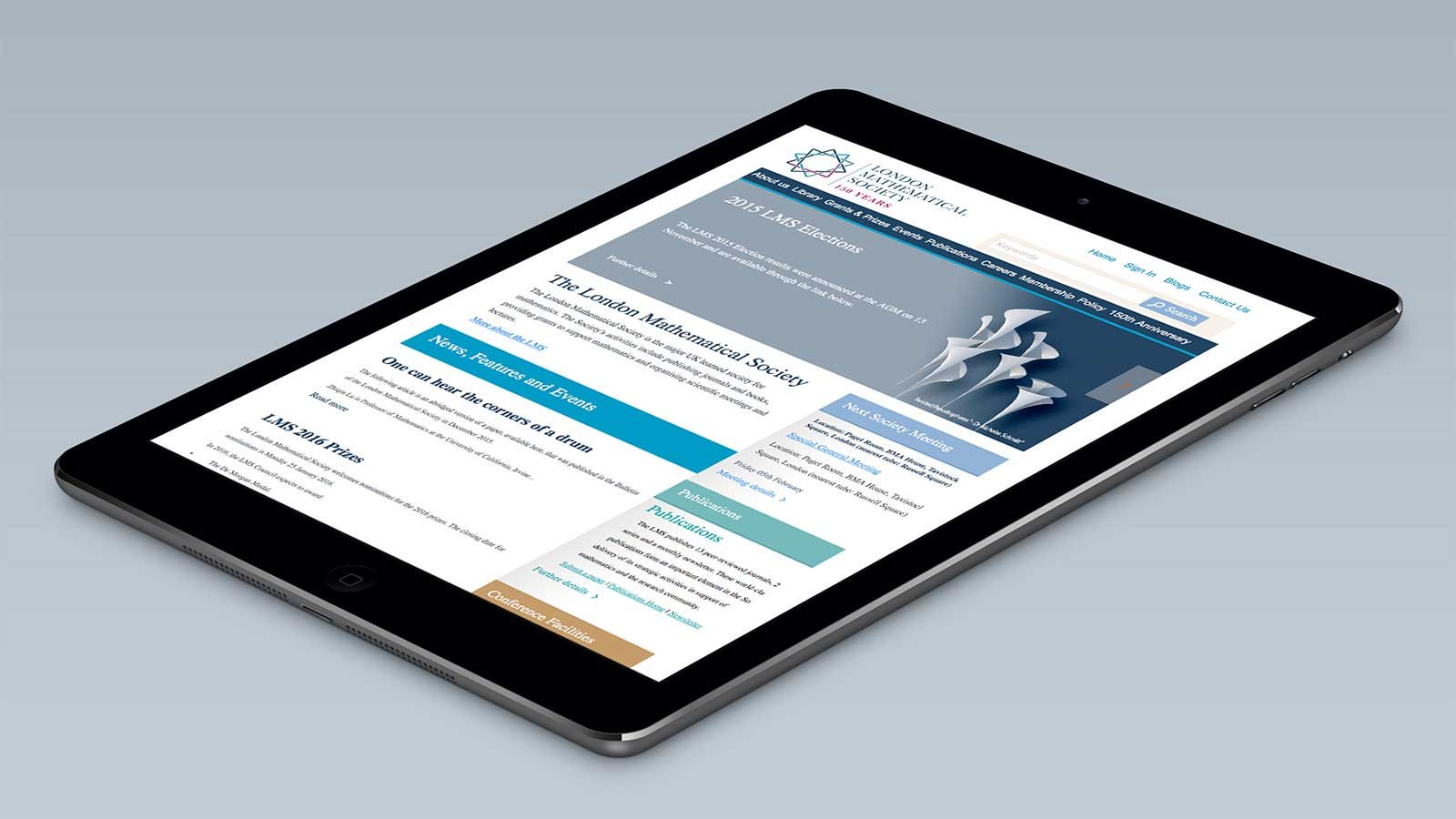Screenshot of the London Mathematical Society homepage on a tablet