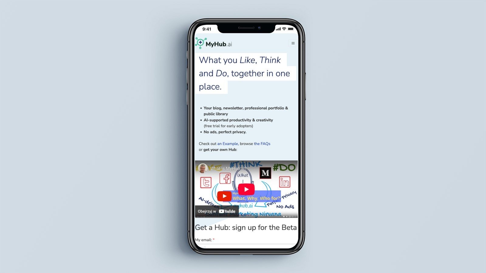 Screenshot of the myHub.ai homepage on a mobile phone