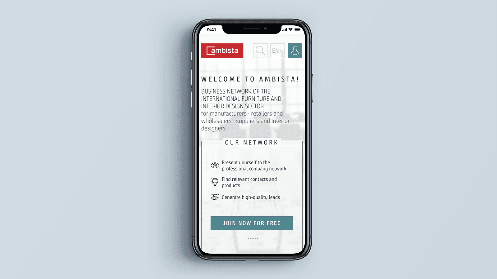 Screenshot of the Ambista homepage on a mobile phone