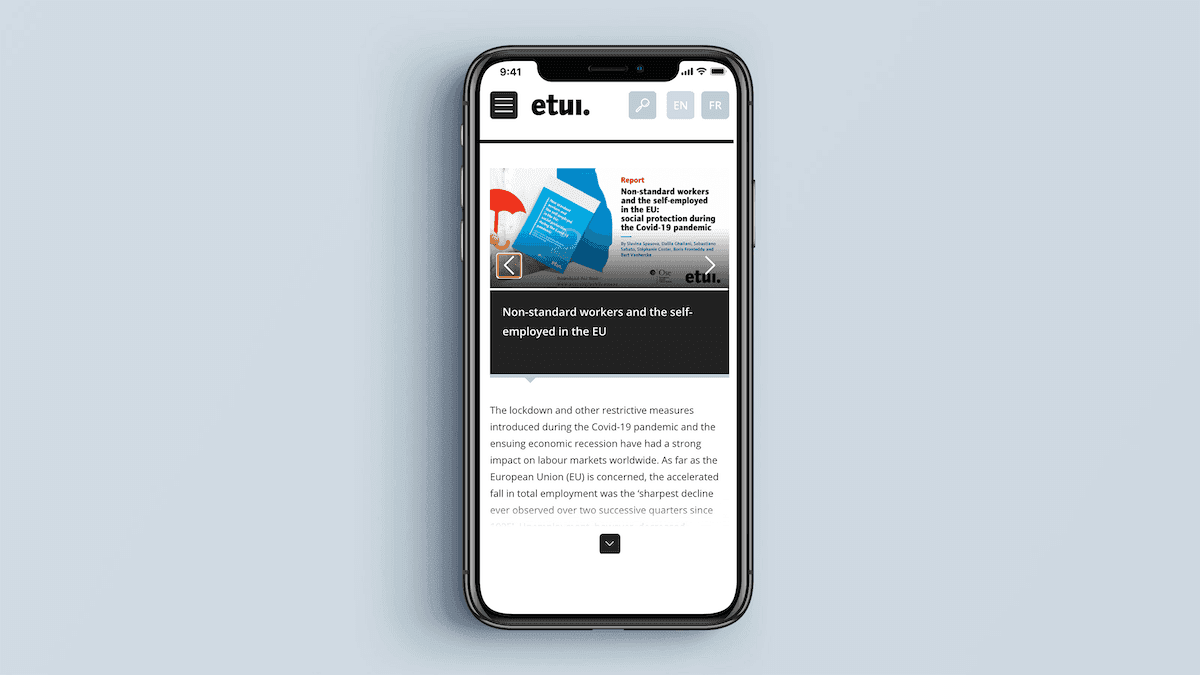 Screenshot of the ETUI homepage on a mobile phone