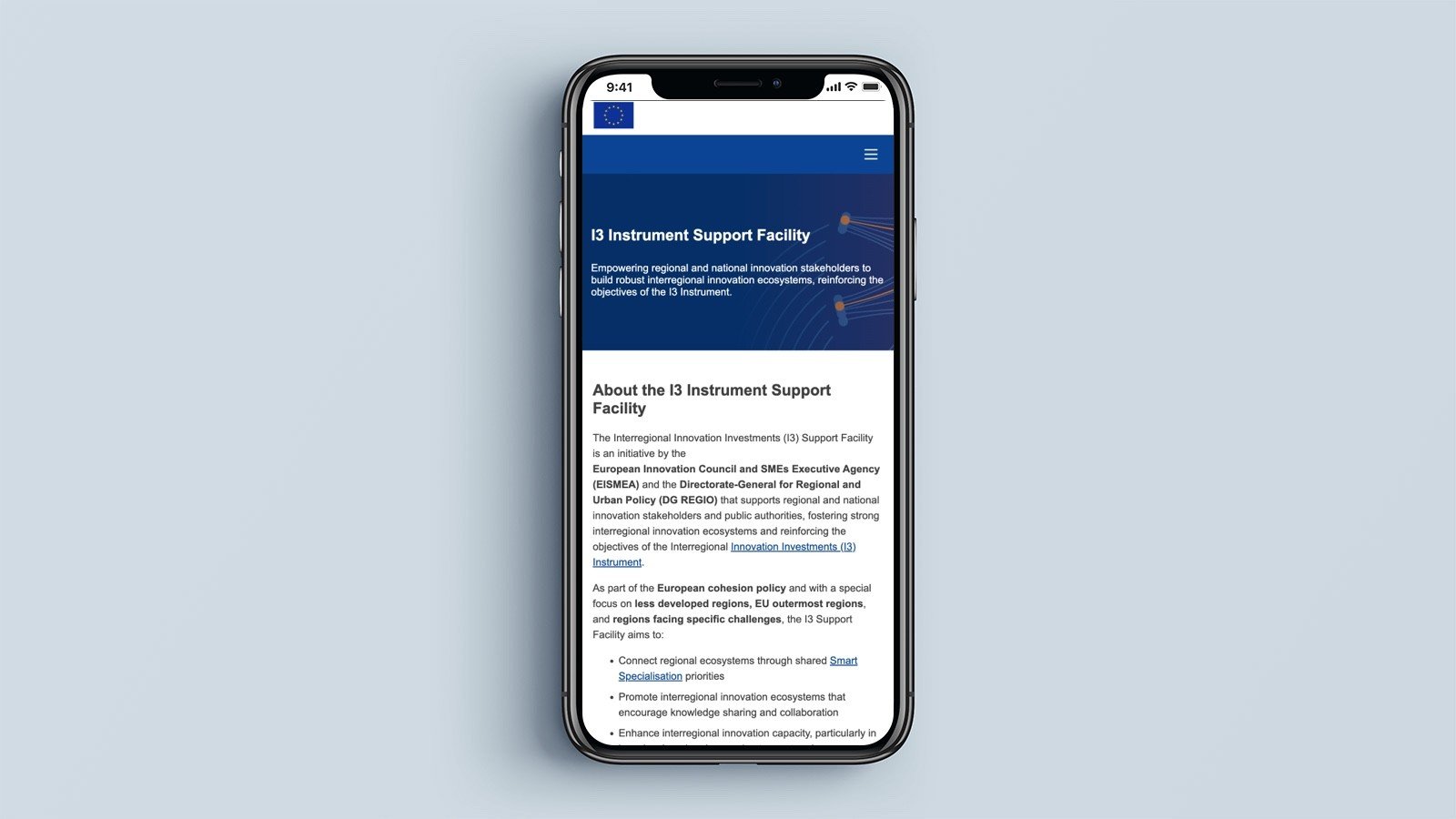 Screenshot of the I3 Support Facility homepage on a mobile phone