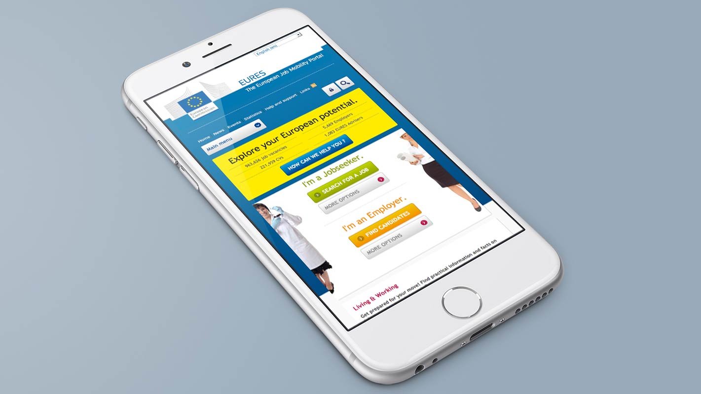 Screenshot of the EURES homepage on a mobile phone