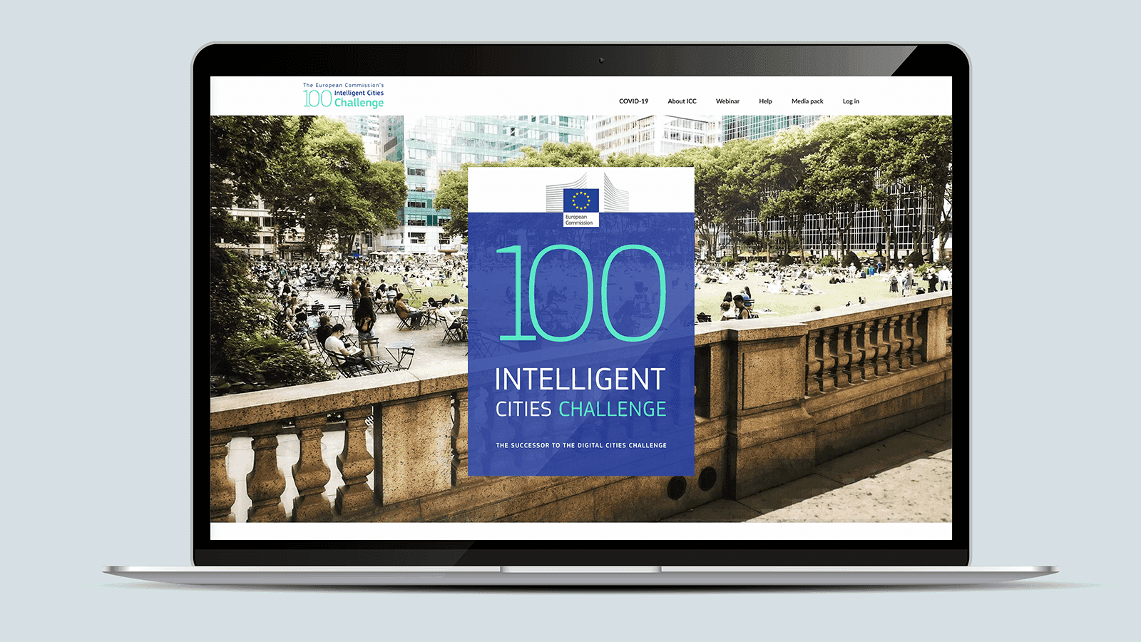 Screenshot of the Intelligent Cities Challenge homepage on a laptop