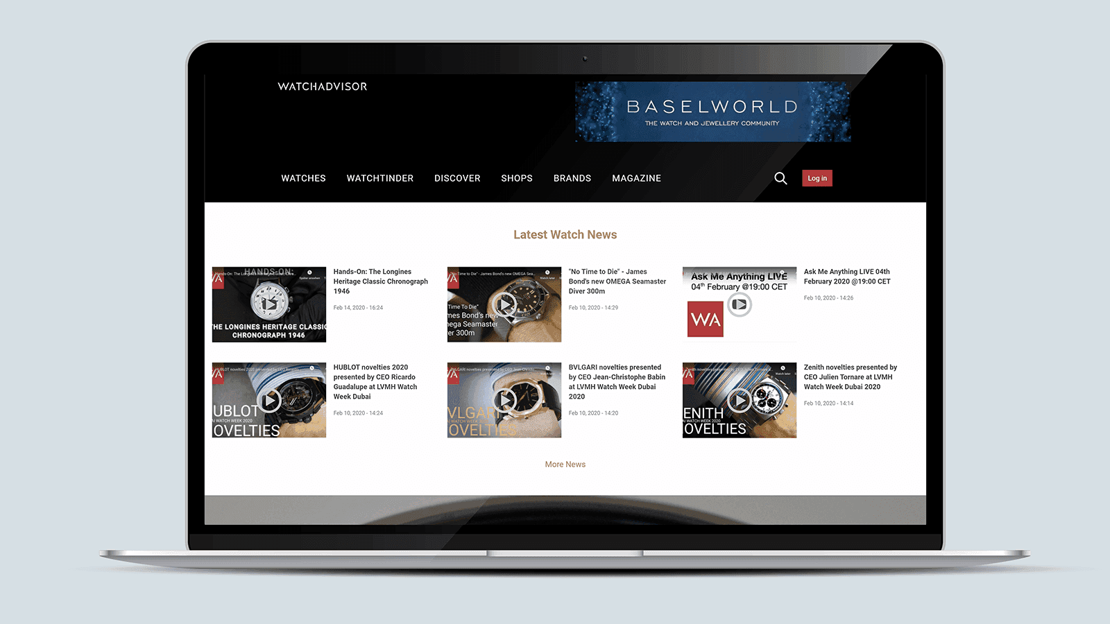 Screenshot of the Watchadvisor homepage on a laptop